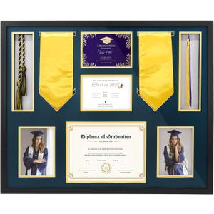 FramePro Graduation Shadow Box 24x29 Inch Display Case with Tempered Glass - Preserve Diploma(8.5x11), Tassel, Stole, Medal & 5x7 Photo | Premium Graduation Gift, Navy Gold Mats