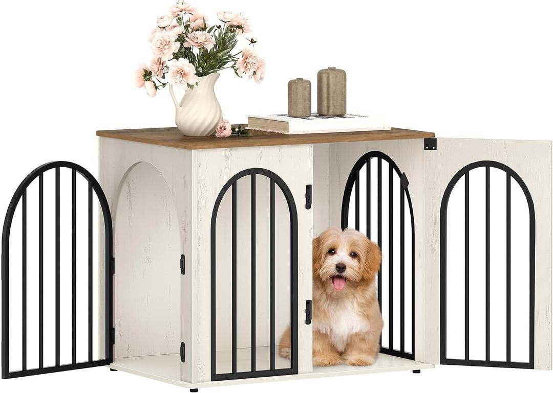 Hzuaneri 26.8'' Wooden Dog Crate Furniture, Indoor Dog Kennel Dogs Cage for Small Dogs, Heavy Duty Dog Crates Decorative Pet House End Side Table TV Stand, White Brown DFC85514B