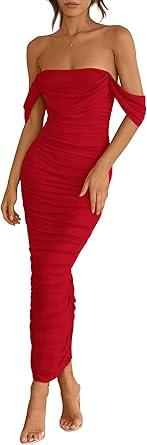 PRETTYGARDEN Womens 2026 Summer Off The Shoulder Dress Ruched Bodycon Sleeveless Split Cocktail Party Maxi Dresses , Red Large