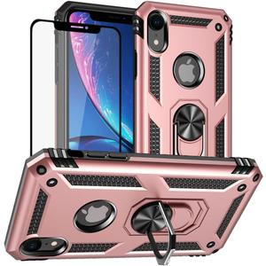 Yiakeng for iPhone XR Case, iPhone XR Phone Case with Screen Protector, Military Grade Protective Cases with Ring for iPhone XR (Rose Gold)