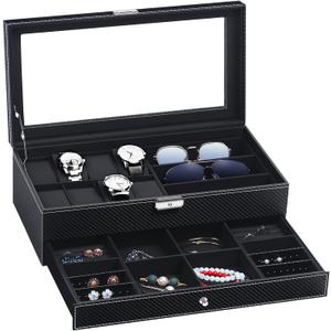TomCare Watch Box Watch Case Watch Holder Organizer Jewelry Case Drawer Sunglasses Display Box Storage Earrings Storage Organizer Lockable with Glass Top and PU Leather for Men Women (All Black)