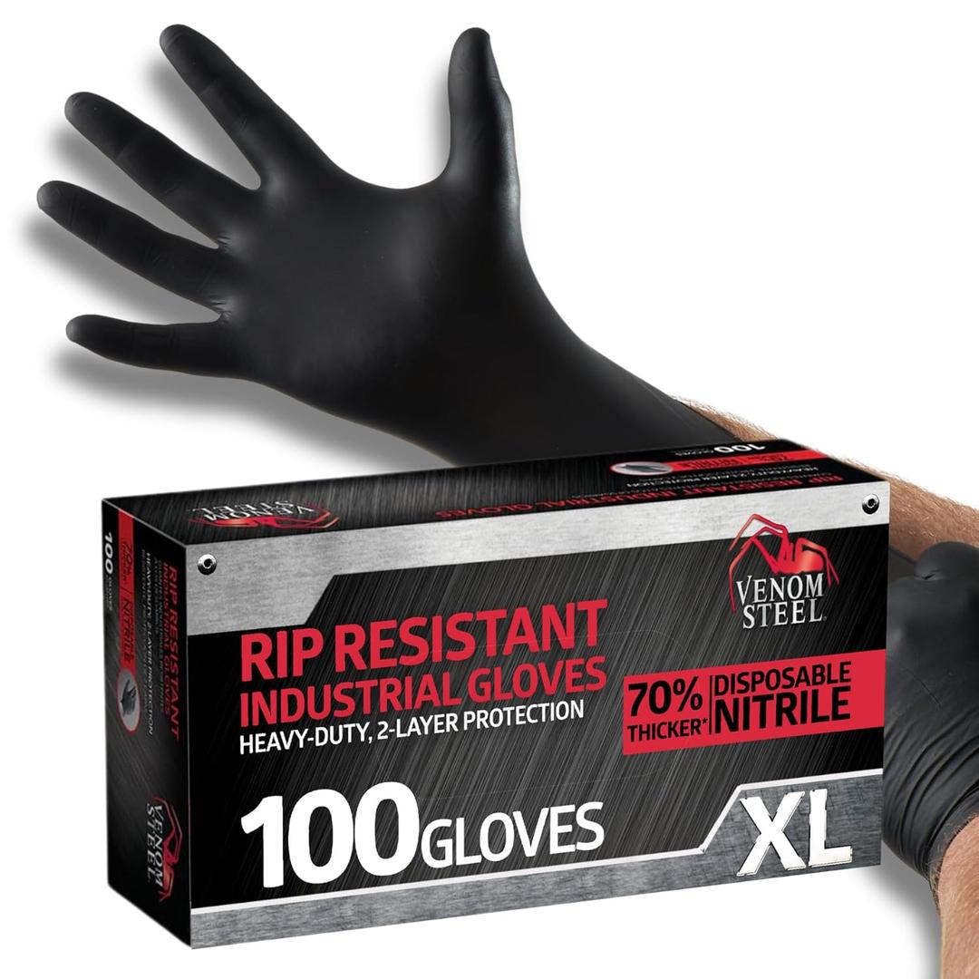 Venom Steel - VEN6144N Nitrile Gloves, Rip Resistant Disposable Latex Free Black Gloves, 2 Layer Gloves, 6 mil Thick, X-Large (Pack of 100)