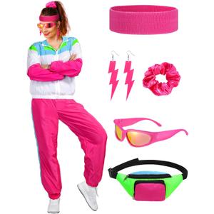 Ramede 80s Outfits for Women 90s Workout Halloween Costume Neon Wear Tracksuit Windbreaker Disco Party Accessories (Pink) Medium