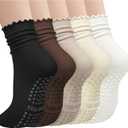5 Pairs Pilates Socks with Grips for Women, Non Slip Cotton Ruffle Yoga Socks for Barre Workout Hospital