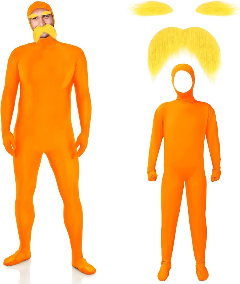 Orange Costume Yellow Mustache and Eyebrows Halloween Costume Orange Jumpsuit for Halloween Christmas Party Cosplay, Medium