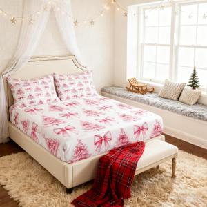 Pink Bowknot Kids Fitted Sheet Full Size,Christmas Trees Pine Bow Tie Toddler Bedding Set,Girls Women Room Decor,Merry Christmas Happy New Year Xmas Bed Sheet,2 Pillowcases(No Flat) (FULL (W54*L75*H16"), Pink and White)
