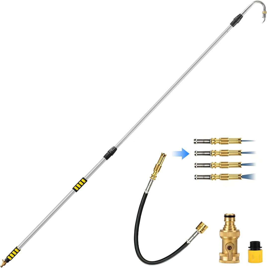 2-IN-1 20FT Reach Gutter Cleaning Tools, 12FT Telescoping Gutter Cleaning Tool with Bendable Wand & Curved Wand, 360° Rotating Nozzle, Adjustable Spray Patterns, Hose Attachment for Garden, Car Wash