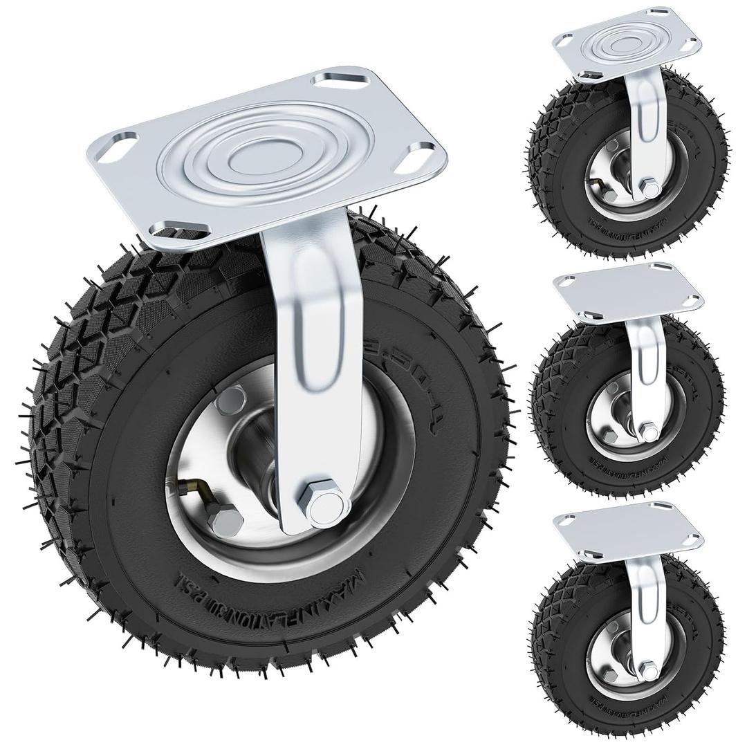 8 Inch Pneumatic Caster Wheels Set of 4 (2 Swivel/2 Rigid),Heavy Duty Casters,Tolerable 880 LBS,Rubber Knobby Tread for Workbench, Cart, Trolley,Wagon and Shelves