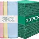 Heavy Duty Scour Pads Sponge Dish Scrubber Non-Scratch Green Reusable Household Scrub Pads for Kitchen and Dish Cleaning Tool (20Pcs Sponge+3Pcs Clean Towel)