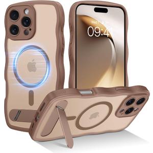 GUAGUA Magnetic for iPhone 16 Pro Max Case with Stand, Cute Wavy Shape Design Shockproof Magnetic Case with Foldable Invisible Stand Compatible with MagSafe for 16 Pro Max 6.9'', Desert Titanium