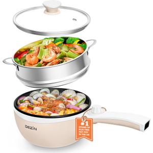 Dezin Hot Pot Electric with Steamer Upgraded, Non-Stick Saut Pan, Rapid Noodles Electric Pot, 1.5L Mini Pot for Steak, Egg, Fried Rice, Ramen, Oatmeal, Soup with Power Adjustment (Beige 2)