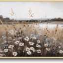 VIYYIEA Large Framed Canvas Wall Art, 20x40in, Fall Wildflower Landscape Painting for Living Room Bedroom, Above of Bed Neutral Decor, Horizontal Retro Vintage Artwork
