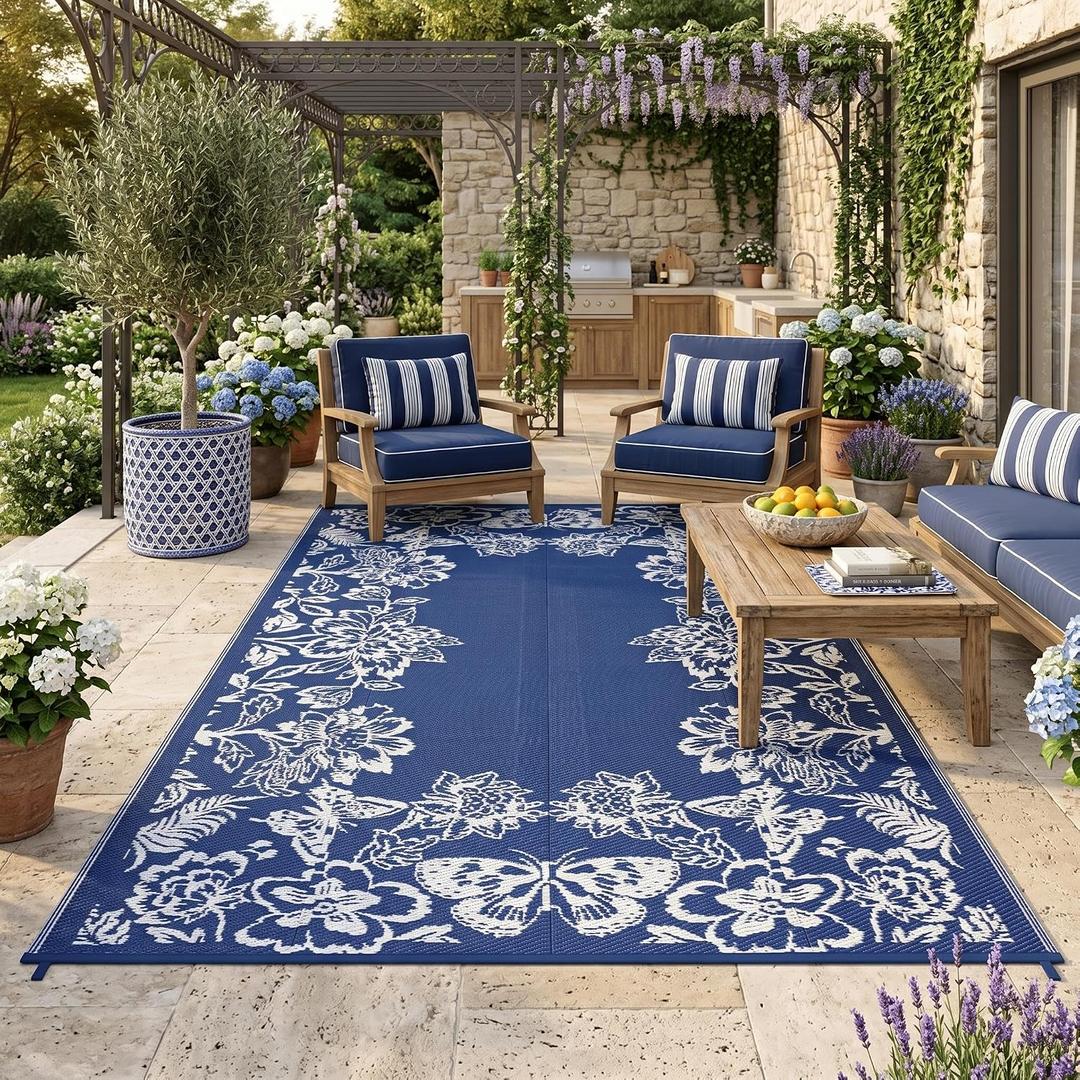 Garvee Outdoor Rugs 8x10 Waterproof Reversible Mats, Large Area Plastic Straw Rug, Outside Carpet, Butterfly Floral Rv Mat for Patio Camping Picnic Backyard Deck Balcony Porch Beach Trailer