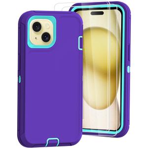 Tall silver for iPhone 15 Case with [2 Screen Protector ], Military Grade Shockproof Heavy Duty Drop Protection Rugged Case 6.1"(Purple Blue)
