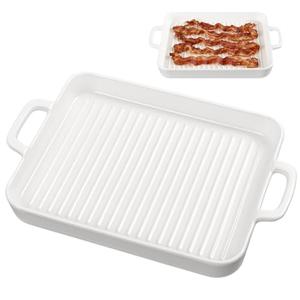 Bacon Cooker for Microwave Oven, Ceramic Microwave Bacon Tray, White Bacon Cooker Meat Rack for Oven, Square Baking Tray, Multi-Functional Microwave bacon Cooker, Microwave-Safe