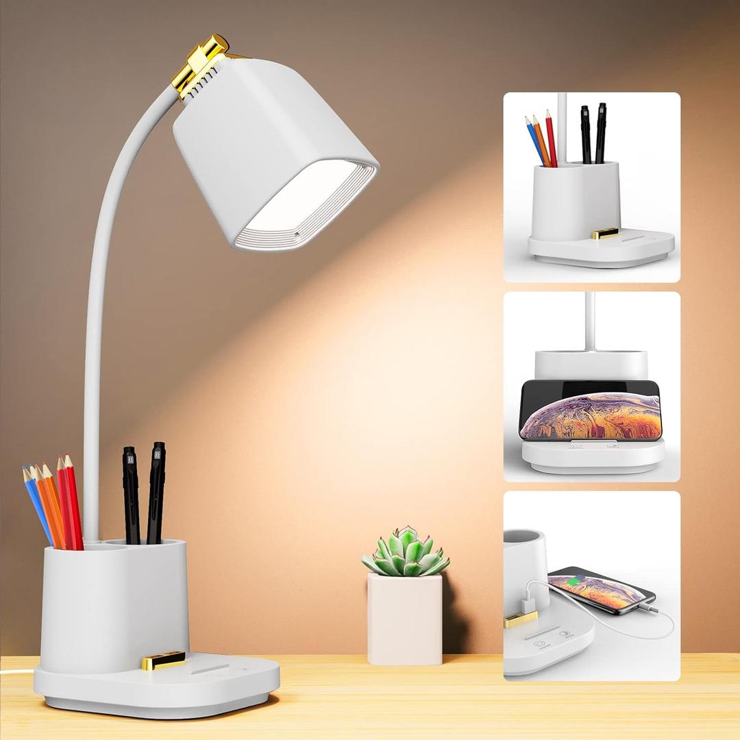 LED Desk Lamp with USB Charging Port Touch Control 3 Color Modes, Stepless Dimming,Eye-Caring LED Table Lamp for Home, Office, Bedroom, Reading, Work, Study, Gooseneck Lamp, 5V, 2.4A (White)