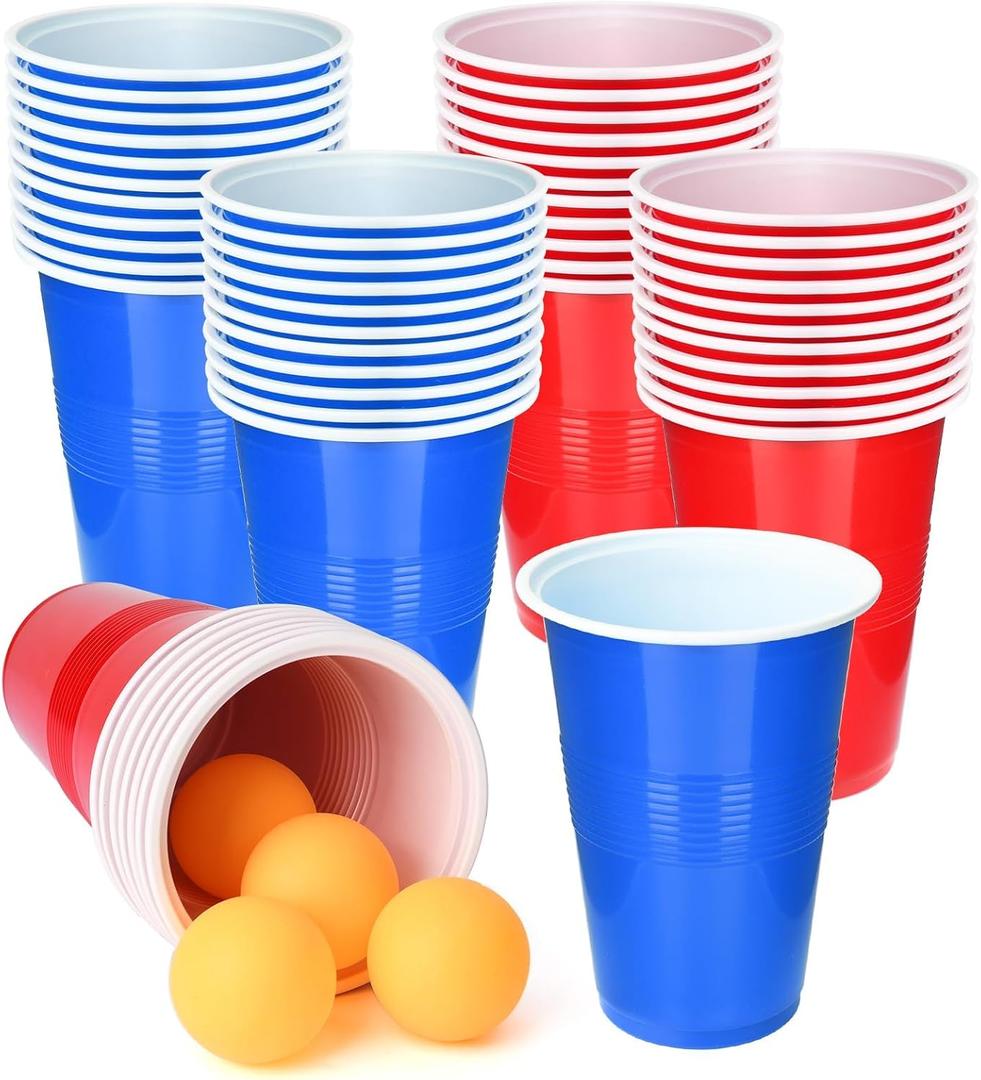 Cup Pong Game Set 24 Pcs 2 Oz Plastic Party Cups with 4 Pcs Ping Pong Balls for Christmas New Year Gift (Blue+Red) 7 Packs