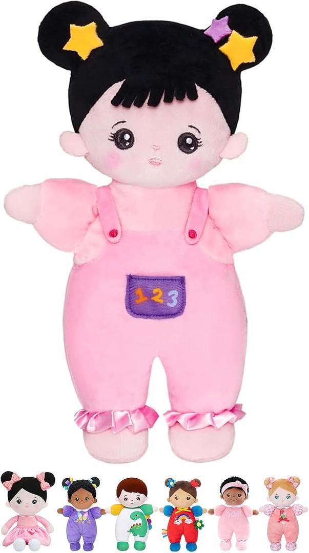 OUOZZZ 10" Soft Baby Doll for 1 Year Old Girl Gifts - Asian Doll Toys for 1 Year Old Birthday&Valentine Gifts Adorable Toddler Girl Toys Pink Straps Black Hair (B-bandeau Pants)