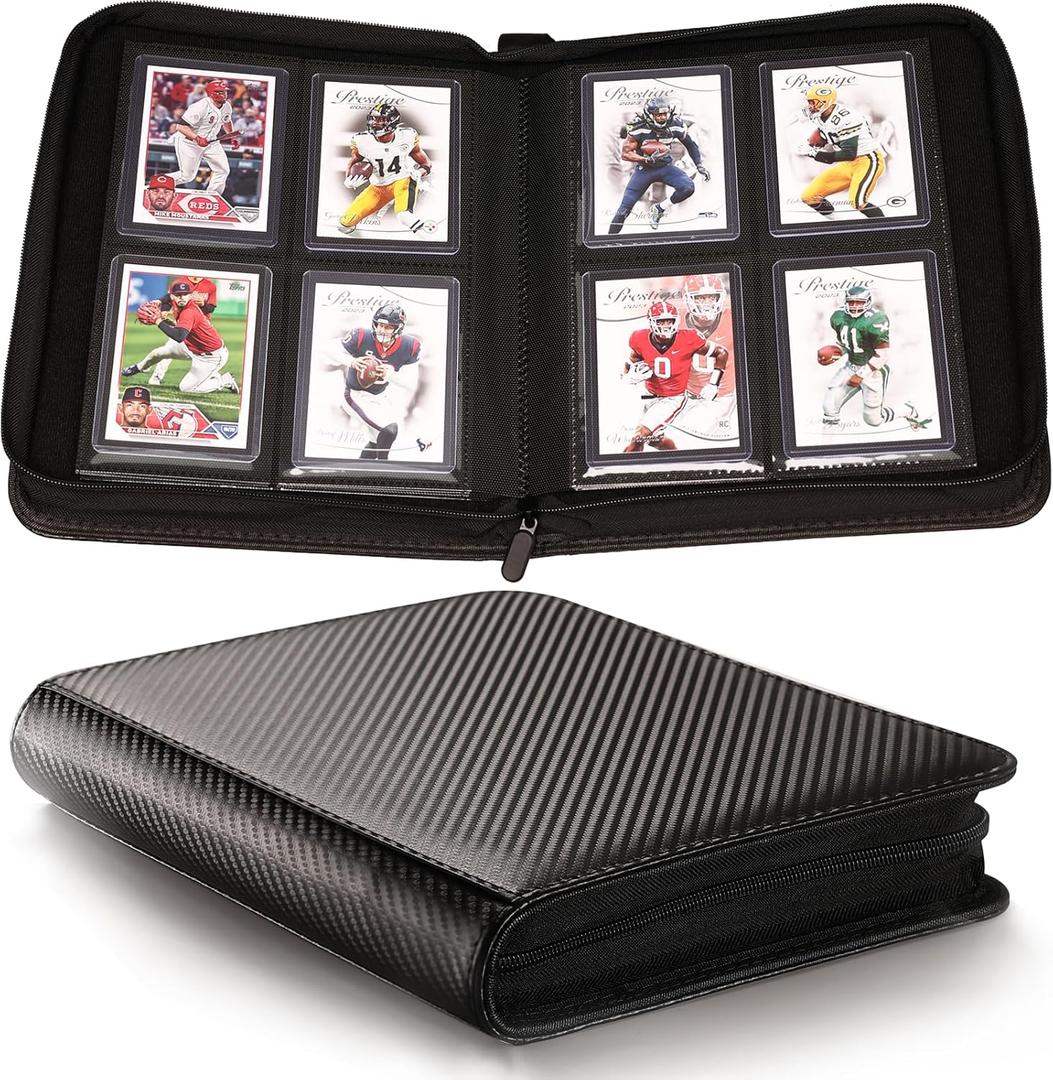 Top loader Binder - Holds 128 Cards in Toploaders for 3" x 4" Portable Card Binders Waterproof PU Leather, Ringless Double-Sided Pages (4 pocket, Carbon Black)