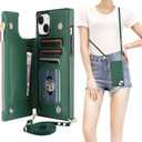 Bocasal Crossbody Wallet Case for iPhone 15 Plus with RFID Blocking Card Slot Holder, Magnetic Flip Folio Purse Case, PU Leather Zipper Handbag with Detachable Lanyard Strap 6.7 Inch 5G (Green)