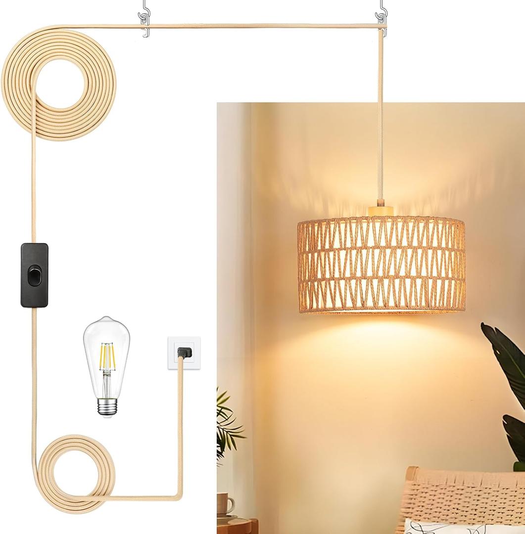 Qingmiao Boho Plug in Pendant Light, Rattan Hanging Lamp Plug in with Woven Shade, 3-Way Dimmable Hanging Light Fixture for Living Room Bedroom Kitchen Ceiling Home Decor