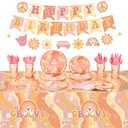 Geyee 173 Pcs Groovy Party Supplies Serves 24, Include Boho Hippie Tablecloth Groovy Birthday Banner Hippie Daisy Paper Plates Napkins Tableware Set for Retro Boho Rainbow Birthday Party Decorations