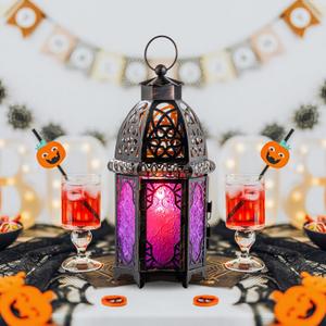 DECORKEY Halloween Decorations Indoor, Purple Decorative Candle Lantern for Moroccan Light Decor, 12.8 Vintage Metal Hanging&Tabletop Lantern, Ramadan Lantern for Home Outdoor Patio(Purple) (Large)