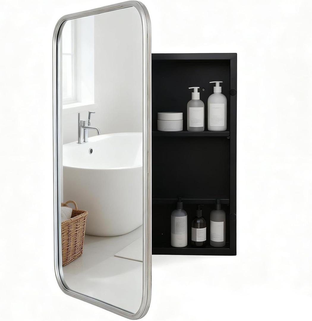 Brushed Metal Medicine Cabinet, Rounded Rectangle Bathroom Mirror with Storage, 2 Adjustable Shelves, Recessed or Surface Mount Mounting, Reversible Door (Brushed Silver, 16x24)