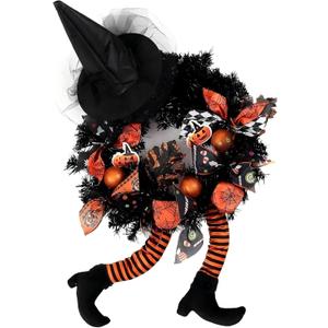 Happy Halloween Wreath for Front Door Decoration with Skeleton Artificial Bone Orange Ornaments Maple Leaf for Party Decor (Halloween Orange)