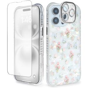 Cute Tulip Flowers Bow Shell Pattern for iPhone 12 Pro Max Case, [3 in 1] with Screen Protector & Camera Lens Protector, Clear Soft Shockproof Slim Fit Floral Phone Cover for Women (White)