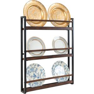 MyGift 3-Tier Wall Mounted Plate Display Rack  Industrial Matte Black Metal & Dark Burnt Wood Storage for 6-10 Inch Plates, Decorative Plate Holder for Kitchen or Dining Room