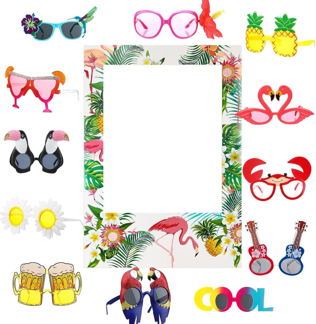 13 Pcs Luau Photo Booth Props Hawaiian Party Decorations, 12 Pairs Beach Themed Funny Summer Glasses, 1 PC Summer Photo Frame, Tropical Party Supplies Favors(Flamingo Frame)