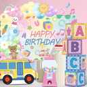 Girls Birthday Party Decorations, 4PCS Rainbow ABC Boxes with Colorful Preppy Birthday Backdrop and Balloon Garland for Baby Shower, Preschool Theme Party