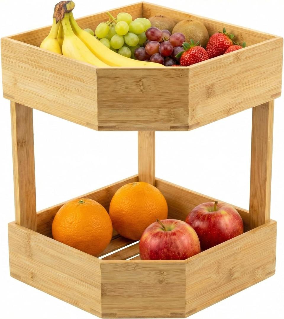 Yerliker 2 Tier Bamboo Corner Shelf Kitchen Fruit Cabinet Organizer Bamboo Corner Fruit Basket for Kitchen Countertop Space Saving Rack Counter Pantry Storage for Vegetables Spice Bottles Plates