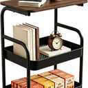 3 Tier Rolling Cart with Walnut Table Top, Sturdy Metal Storage Cart with Lockable Wheels, Multi-Purpose Mobile Shelf for Kitchen, Bedroom, Snacks, Coffee, Craft, Makeup, Garage (Black)