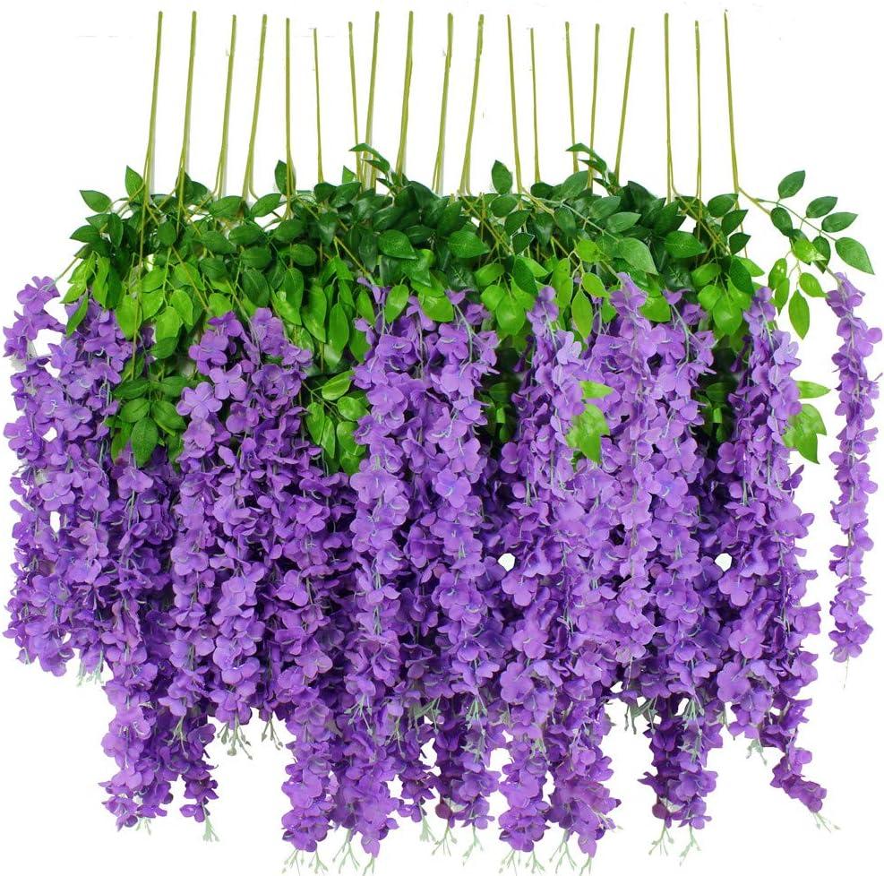 12pcs Artificial Wisteria Flowers 3.6 Feet/Piece Purple Dense Artificial Fake Wisteria Vine Ratta Hanging Garland Silk Flowers String Home Party Wedding DecorPurple-Dense