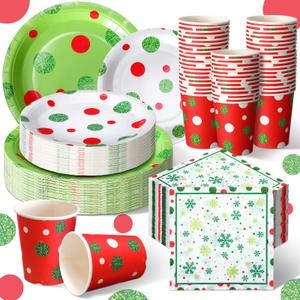 Hsei 250 Pcs Christmas Green Plates and Napkins Party Decorations Disposable Tableware Sets Baby Shower Birthday Party Supplies Serves 50 Guests Dinnerware Baby Bridal Shower Party Favors