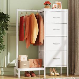 Dresser with Hanging Rack, 4 Drawers Small Closet for Bedroom, Reversible Fabric Kids Chest of Drawers with Clothes Rack, Tall Storage Tower, Sturdy Frame, White, 12"D x 30"W x 44"H