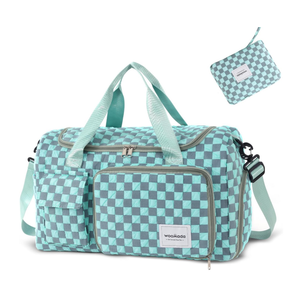 WOOMADA Foldable Travel Duffel Bag with Shoes Compartment, Overnight Bag with Wet Pocket & Trolley Sleeve, Weekender Bags for Women (turquoise checkerboard)