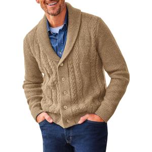 Runcati Mens Shawl Collar Cardigan Sweater Cable Knit Button Down Sweaters Long Sleeve Casual Winter Outwear (X-Large, Khaki)
