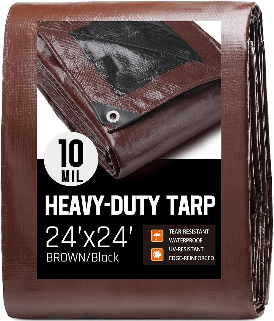 24 x 24 FT Waterproof Heavy Duty Tarp, 10 Mil Thick, Outdoor Furniture Covers, Plastic Insulated Tarpaulin for Camping Tent Roof Boat Patio Pool Cover, Large & Small Multi-Size Tarps, Brown/Black