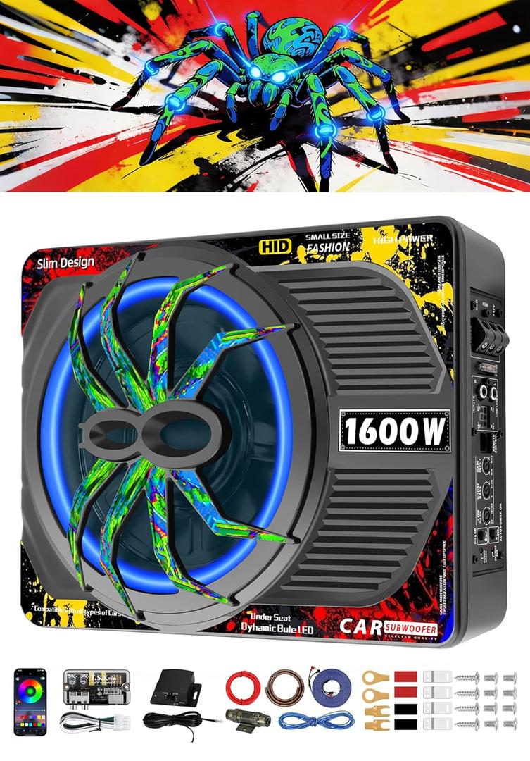 1600W Slim Underseat Car Subwoofer and Amp Package with RGB Beat-Synced Light, Individual Control for Low Pass/Gain/Boost Bass, Clean Loud Deep Bass Perfect for Truck/SUV/Jeep