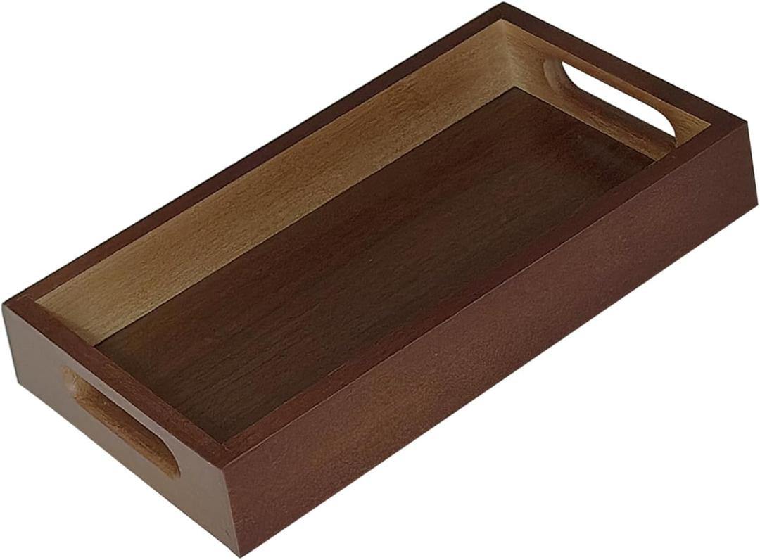 Small Rustic Serving Tray with Handles - 9.8 Inch Bamboo Rectangular Tray for Coffee Table, Kitchen Counter, Ottoman | Decorative Organizer Tray for Food, Drinks, Snacks, Bathroom Essentials
