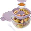 Bentgo Glass All-in-One Salad Container - Large 61-oz Salad Bowl with Lid, 4-Compartment Bento-Style Tray, 3-oz Sauce Container, and Reusable Fork - Dishwasher, Microwave, and Oven Safe (Lavender)