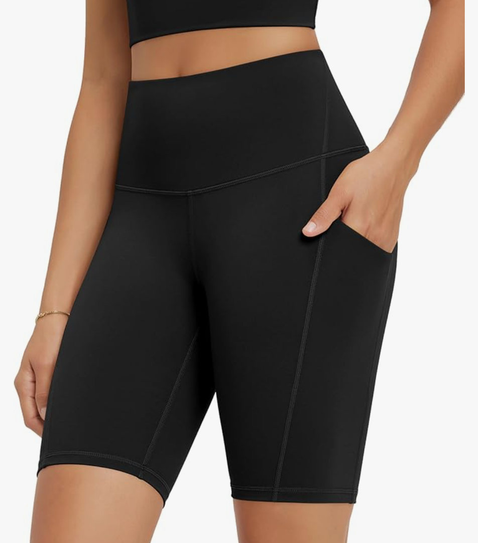 ODODOS High Waist Workout Shorts with Pockets for Women 6"/8" Inseam Tummy Control Gym Athletic Biker Shorts Deep Navy Small