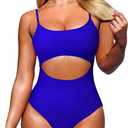 Pink Queen Women's One Piece Swimsuit Spaghetti Strap Scoop Neck Cutout High Waisted Bathing Suit Monokini (Sapphire Blue,Small)