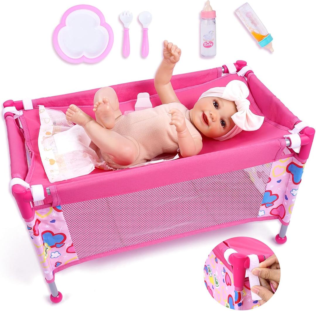 BABESIDE 7PCS Baby Doll Crib for 18'' Dolls, Baby Doll Bed with Storage Bag and Feeding Care Accessories Set , Doll Crib Doll Furniture for Girls Age 3+,Pretend Play Toy Gift for Kids Age 3+