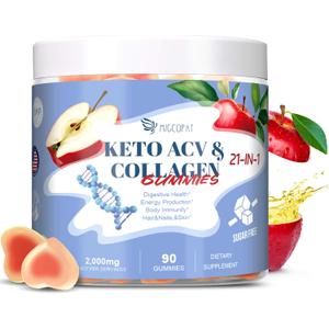 21 in 1 Keto ACV & Collagen Gummies, Sugar Free Apple Cider Vinegar Gummies with Biotin, Probiotics, Vitamins for Healthy Hair, Skin, Nails & Digestive Support, Apple Flavored, 90 Count, Best Before: 2027/03/28
