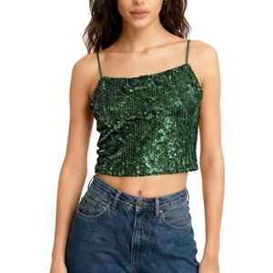 Sequin Cami Top Square Neck Sparkly Tank Top Sleeveless Party Camisole Shirts (Green, L)