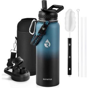 RAYMYLO Insulated Water Bottle 40 oz, Triple Wall Vacuum Stainless Steel (Cold for 36Hrs, Hot for 18Hrs), Leak Proof & Non-BPA, Modern Water Flask Jug with Paracord Handle & Straw Spout Lids (Indigo/Black)
